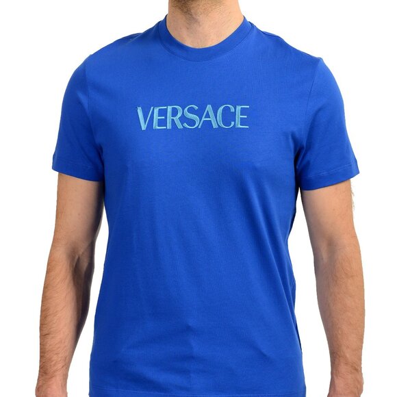 Versace Men's Blue Short Sleeve Logo Embroidery T-Shirt US S IT 48